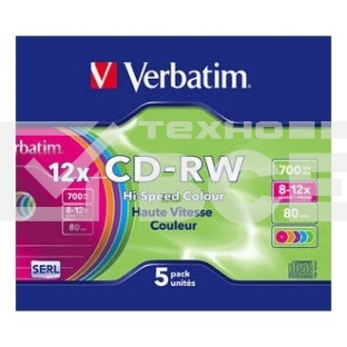 Диск CD-RW Verbatim 700Mb 12x Slim case (5шт) Color (43167)