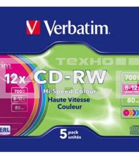 Диск CD-RW Verbatim 700Mb 12x Slim case (5шт) Color (43167)