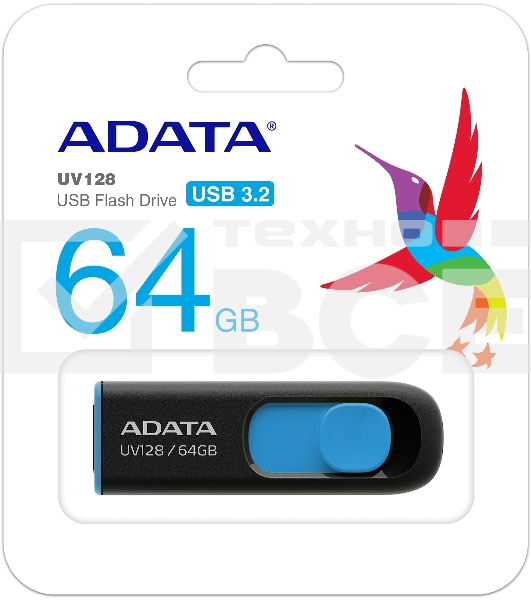 Флеш диск ADATA Flash Drive 64Gb UV128 AUV128-64G-RBE {USB3.0, BLACK/BLUE}