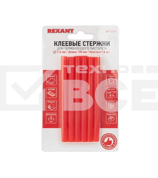 Клеевые стержни Rexant, Ø7 мм, 100 мм, красные, 6 шт., блистер
