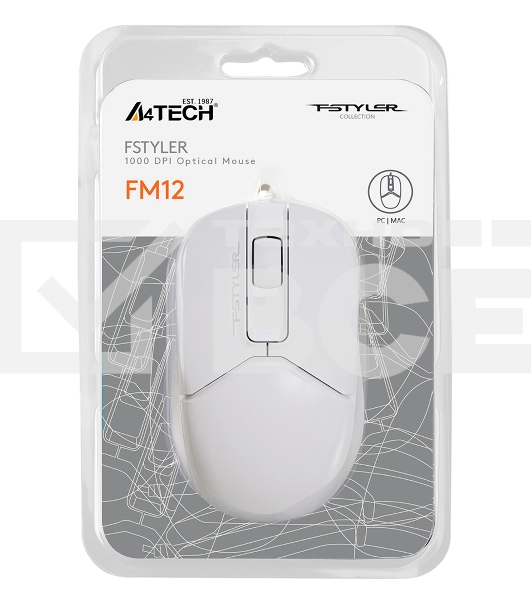 Мышь проводная A4Tech Fstyler FM12S белый, 1200 dpi, USB, кнопки - 3
