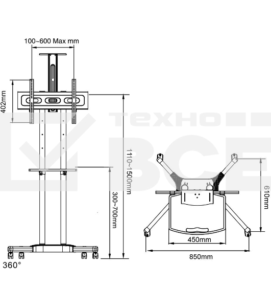 Мобильная стойка напольная Arm media PT-STAND-12 black 1 шт/уп. для TV 32