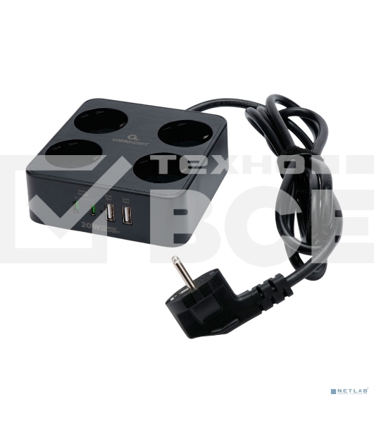 Сетевой фильтр Cablexpert Plate, PLT-4-C2U2-B-3, 4р, 10А, 2xType-C PD, 20Вт, 2xUSB, 2.4A, 3м, ур.защиты 4+, черный, коробка