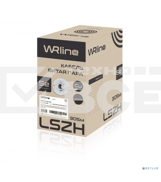 Кабель витая пара, неэкранированный U/UTP, категория 5e, 4 пары (24 AWG), одножильный,внутренний, LSZH, нг(A)-HF, серый, 305 м WRLine WR-UTP-4P-C5E-LSZH-GY