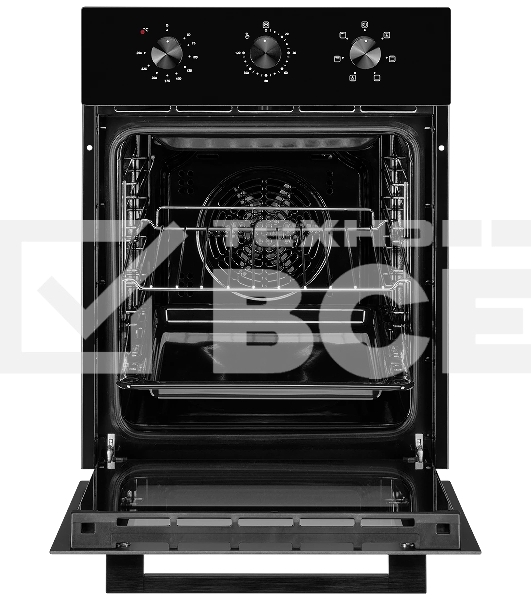 Встраиваемый духовой шкаф Monsher MOE 4563 Noir, электрический, High-Tech, объем 50 л, конвекция, гриль, 3 стекла в дверце, съемные стекла, съемная дверца, телескопические направляющие, черный