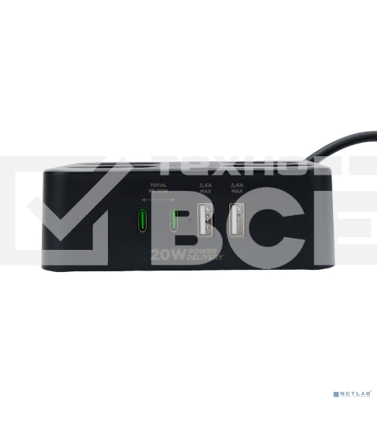 Сетевой фильтр Cablexpert Plate, PLT-4-C2U2-B-3, 4р, 10А, 2xType-C PD, 20Вт, 2xUSB, 2.4A, 3м, ур.защиты 4+, черный, коробка