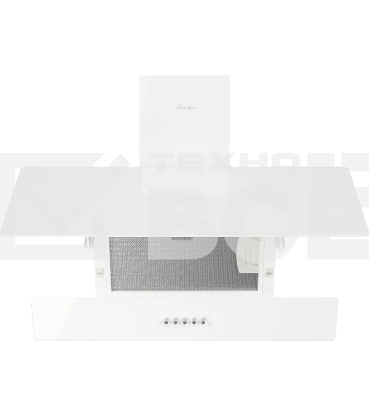 Наклонная вытяжка Monsher ROUEN 60 Blanc Verre, 60 см, производительность 700 м3/ч, 3 скорости, турбо режим, механическое управление, уровень шума 53 дБ, LED освещение, угольный фильтр KFM 101 (опция), цвет белый