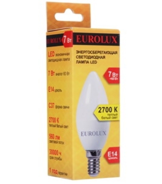 Лампа светодиодная EUROLUX LL-E-C37-7W-230-2,7K-E14