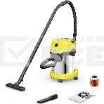 Строительный пылесос Karcher WD 3 S V-17/4/20 желтый, 1000 Вт, уборка сухая/сбор воды, пылесборник мешок/контейнер, 17 л, фото 1