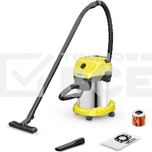 Строительный пылесос Karcher WD 3 S V-17/4/20 желтый, 1000 Вт, уборка сухая/сбор воды, пылесборник мешок/контейнер, 17 л