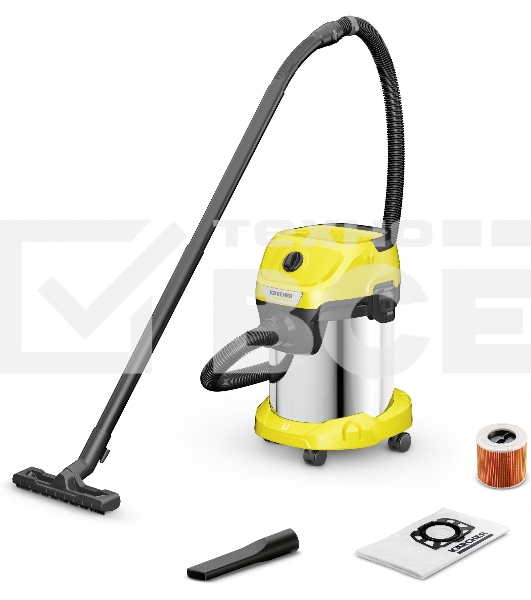 Строительный пылесос Karcher WD 3 S V-17/4/20 желтый, 1000 Вт, уборка сухая/сбор воды, пылесборник мешок/контейнер, 17 л