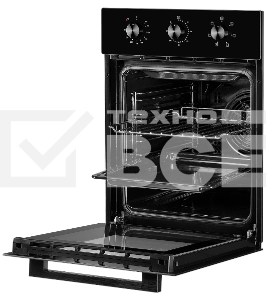 Встраиваемый духовой шкаф Monsher MOE 4563 Noir, электрический, High-Tech, объем 50 л, конвекция, гриль, 3 стекла в дверце, съемные стекла, съемная дверца, телескопические направляющие, черный