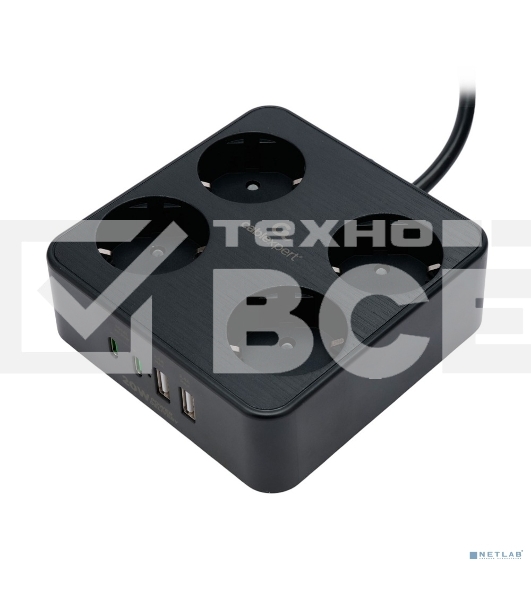 Сетевой фильтр Cablexpert Plate, PLT-4-C2U2-B-3, 4р, 10А, 2xType-C PD, 20Вт, 2xUSB, 2.4A, 3м, ур.защиты 4+, черный, коробка