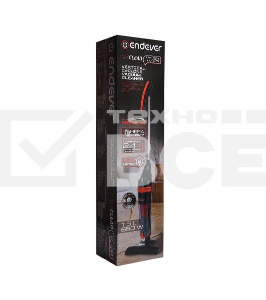 Пылесос вертикальный циклонного типа Endever SkyClean VC-294 черный/оранжевый, питание от сети, 120 Вт, уборка сухая, пылесборник 1.5 л