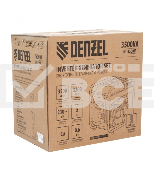Электрогенератор бензиновый инверторный Denzel GT-3500iF, 3.5 кВт, 97 дБ, 27 кг