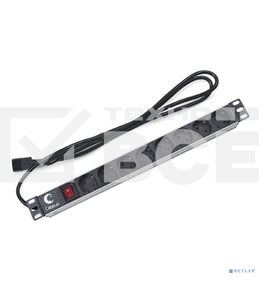 Блок силовых розеток Cabeus, Shuko х 8, вход IEC 320 C14, для шкафов, шнур 2 м, 50х490х50 мм (ВхШхГ), 10А, выключатель, черный
