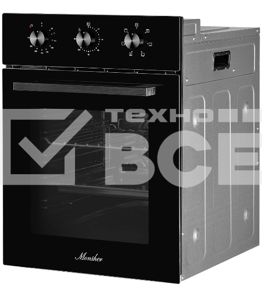 Встраиваемый духовой шкаф Monsher MOE 4563 Noir, электрический, High-Tech, объем 50 л, конвекция, гриль, 3 стекла в дверце, съемные стекла, съемная дверца, телескопические направляющие, черный