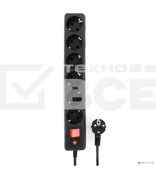 Сетевой фильтр Гарнизон 6 р, 10А, 3 м, ур.защиты 4, черный, пакет