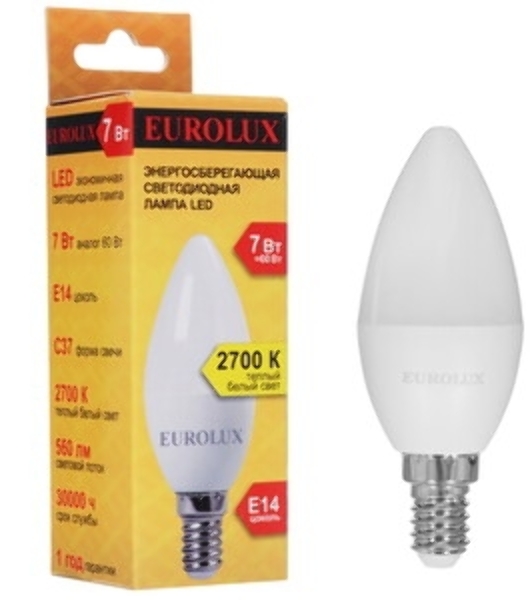 Лампа светодиодная EUROLUX LL-E-C37-7W-230-2,7K-E14
