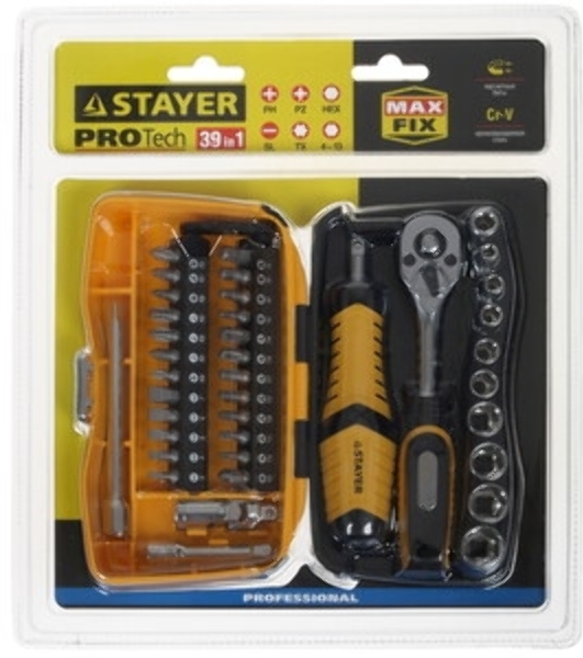 Биты и торцовые головки с трещоткой и воротком 39шт STAYER PROFI 25135-H39