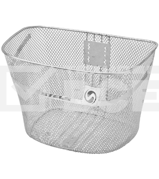 Велокорзина передняя JL-044-4 серебристая 28', крепл. за проушины вилки Велокорзина JL-044-4 передняя стальная серебристая с логотипом STELS, размер 35х24,5х28см, стойки для 28' с креплением за проушины вилки