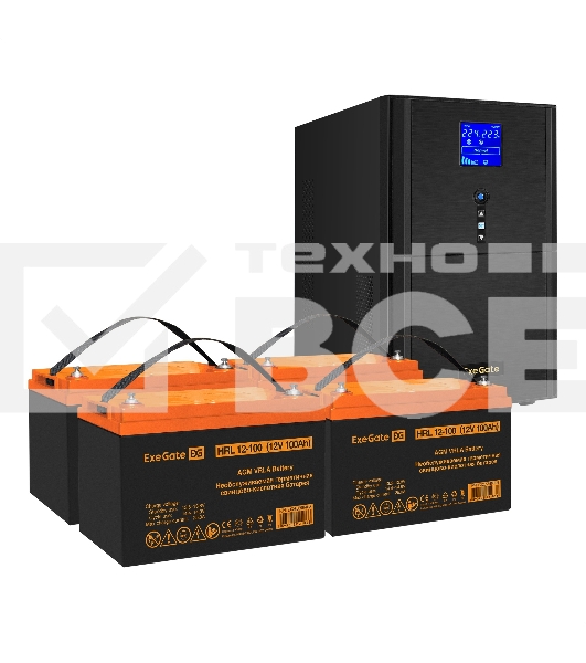 Комплект ИБП EX295990RUS + батарея 100Aч EX285656RUS 4шт (инвертор, синус, для котла) ExeGate SineTower SZ-3000.LCD.AVR.3SH.1C13.RJ.USB <3000VA/2400W, чистый синусоида, LCD дисплей, AVR, 3*Schuko+1*C13, RJ45/11, USB, линейно-интерактивный, Black> + батаре