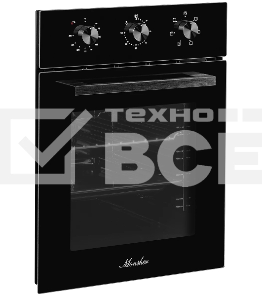 Встраиваемый духовой шкаф Monsher MOE 4563 Noir, электрический, High-Tech, объем 50 л, конвекция, гриль, 3 стекла в дверце, съемные стекла, съемная дверца, телескопические направляющие, черный