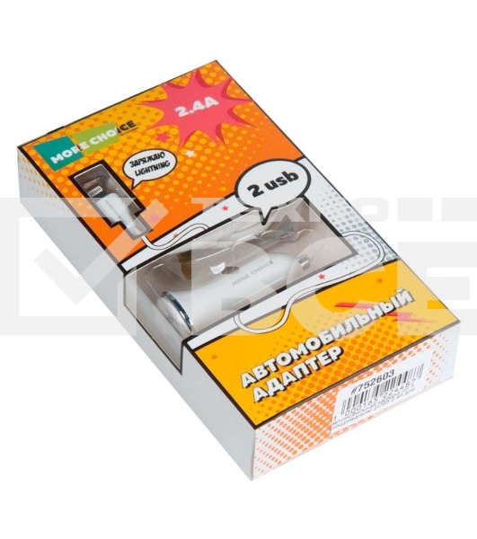 Автомобильная зарядка (от прикуривателя) 2USB 2.4A для Apple 8-pin More choice AC22i, белый