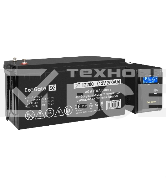 Комплект ИБП EX295986RUS + батарея 200Aч EX282991RUS 1шт (инвертор, синус, для котла) ExeGate SineTower SZ-600.LCD.AVR.1SH <600VA/360W, чистый синусоида, LCD дисплей, AVR, 1*Schuko, линейно-интерактивный, Black> + батарея ExeGate DT 12200 (12В, 200Ач) 1шт