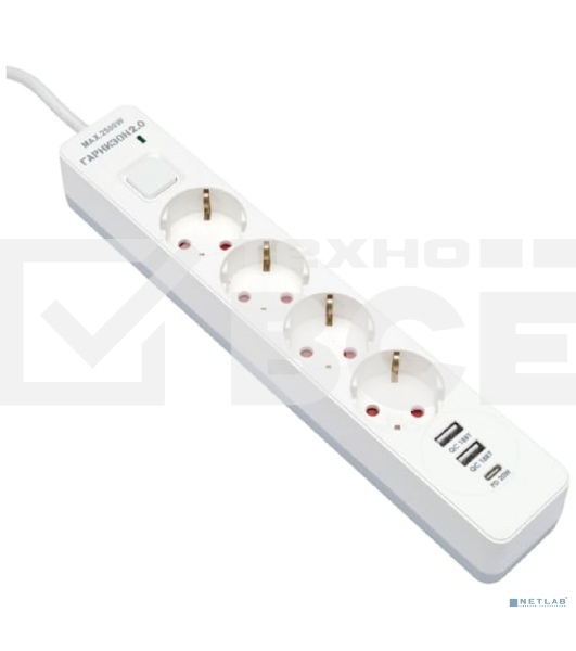 Сетевой фильтр Гарнизон EPS-OP-4-CU2-W-2 2.0 Мультипорт 4р, 10А, 1xType-C PD, 2 х USB QC, 4м, ур.защиты 4+, белый, пак(21449)