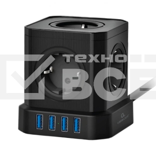 Сетевой фильтр Cablexpert Tower, TWR-5-U4-B-3, 5р, 10А, 4хUSB, 3.1А, 3м, ур.защиты 4+, черный, коробка