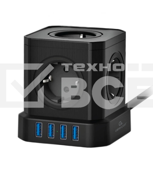 Сетевой фильтр Cablexpert Tower, TWR-5-U4-B-3, 5р, 10А, 4хUSB, 3.1А, 3м, ур.защиты 4+, черный, коробка