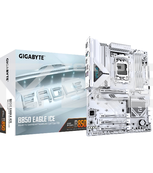 Материнская плата Gigabyte B850 EAGLE ICE, AM5, AMD B850, 4xDDR5, 4xSATA, 3xM.2, 1xPCIe 5.0 x16, 1xPCIe 4.0 x4, 2xPCIe 3.0 x1, 1xDP (v1.4), 1xHDMI (v2.1), 1x2.5Gb LAN, 2xUSB-A 10Gbps, 2xUSB-A 5Gbps, 6xUSB-A 2.0, 1xUSB-C 5Gbps, 3x3.5 мм, 7.1, ATX