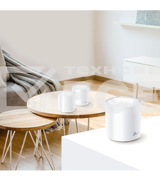 Система TP-Link Mesh AX3000 Whole Home Wi-Fi System, Wi-Fi 6, 2402Mbps (4 streams) at 5GHz and 574Mbps (2 streams) at 2.4GHz, 2 Gigabit ports of each unit, support OFDMA, MU-MIMO, 802.11k/v/r seamless roaming, support WPA3, HomecareTM system, easy setup a