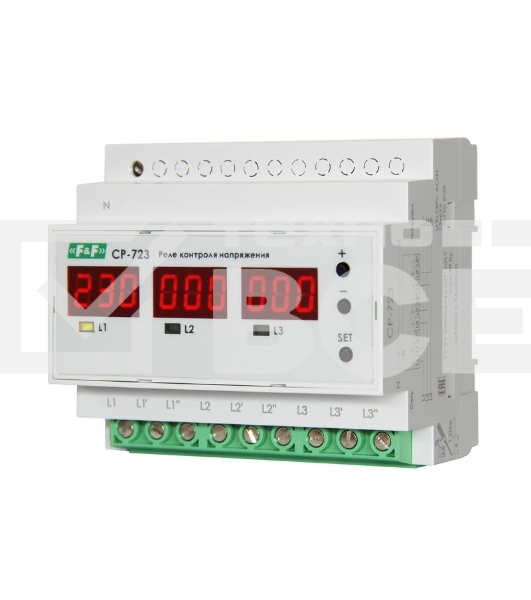 Реле контроля напряжения CP-723 (трехфазное; два режима работы - три однофазных реле или трехфазное реле напряжения; монтаж на DIN-рейке; 100…450 AC 3NO 3х63А) F&F EA04.009.015