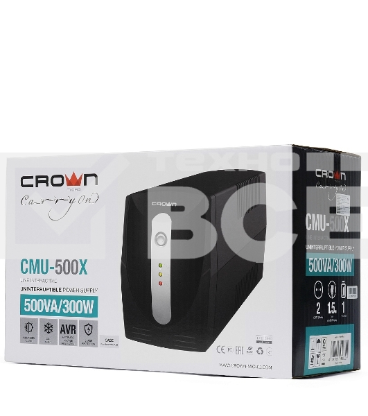 Источник бесперебойного питания Crown CMU-500X (480 ВА/240 Вт; Off-Line; 1 х Euro + 1 х IEC-320 резервным питанием и фильтрацией; 12V/4,5AH х 1; пластик)