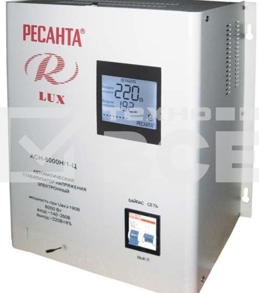 Стабилизатор напряжения Ресанта АСН-8 000 Н/1-Ц 63/6/17 Стабилизатор Lux {220В±8%, Габ. 305х190х360, Вес 15кг}