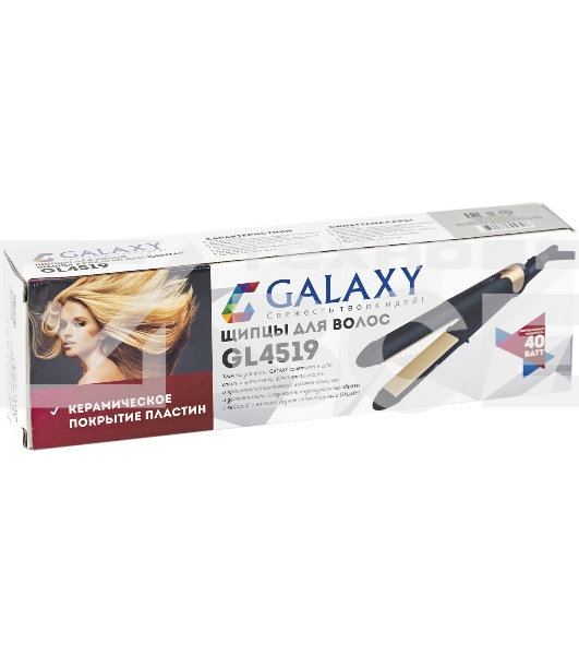Щипцы для волос Galaxy Line GL 4519, черный, 40 Вт, максимальная температура 180°С, керамическое покрытие поверхностей, индикатор работы, ножка-подставка для обеспечения защиты от нагрева поверхности стола, шнур питания, вращающийся на 360°, подвесная пет
