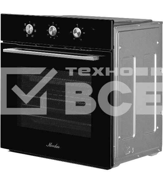 Духовой шкаф MONSHER MOE 6062 Noir, 5 режимов работы, объем духовки 58 л., утапливаемые переключатели, механический таймер, 2 стекла в дверце, энергоэффективность А, цвет: черный,фурнитура серебряная