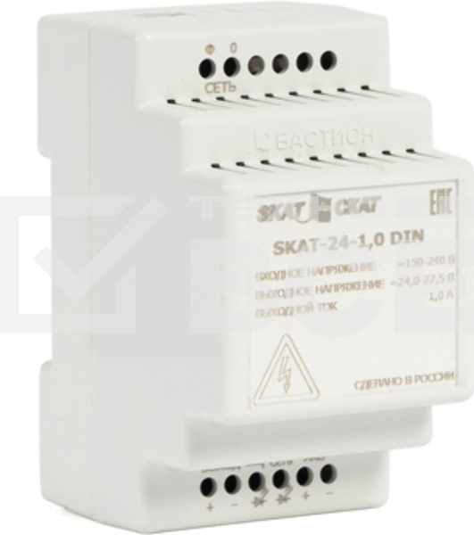 Источник питания SKAT-24-1.0 DIN 24В 1,3А АКБ внеш. 2х4,5-12Ач ток заряда 1,0–Iнагр. SKAT-24-1.0 DIN power supply 24V 1.3A battery ext. 2х4.5-12Ah charge current 1.0 – Iload.