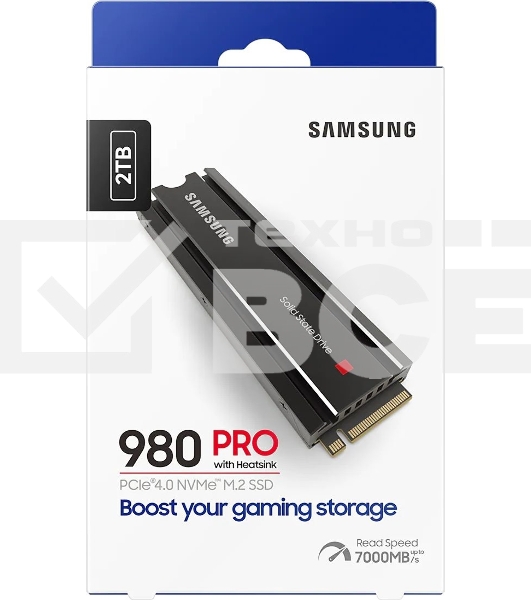 Накопитель SSD Samsung 980 PRO MZ-V8P2T0CW, 2Tb, PCIe 4.0 x4, M.2 2280, NVMe, R/W 7000/5100, с радиатором