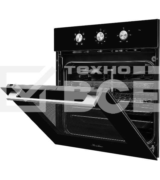 Духовой шкаф MONSHER MOE 6062 Noir, 5 режимов работы, объем духовки 58 л., утапливаемые переключатели, механический таймер, 2 стекла в дверце, энергоэффективность А, цвет: черный,фурнитура серебряная