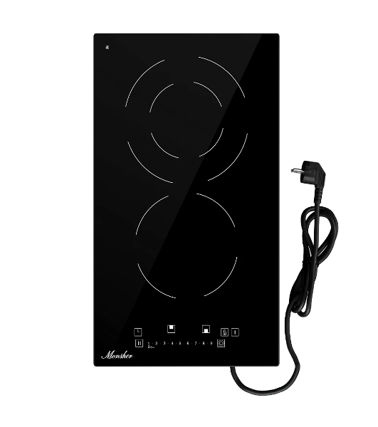 Варочная панель Monsher MHE 35 High-Tech, Hi-Light, 30 см, 2 конфорки, 9 уровней мощности, слайдерное управление, автоматическое отключение, индикация остаточного тепла, пауза, таймер, черный