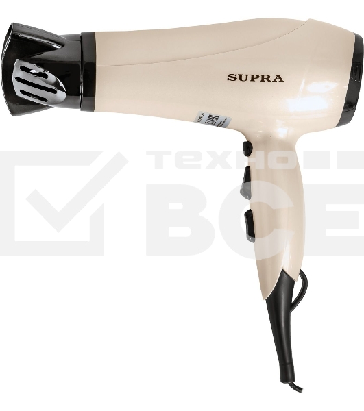 Фен SUPRA PHS-2205L (Мощность 2200 Вт. 2 скорости воздушного потока. 3 режима нагрева. Функция «Холодный обдув». Функция ионизации воздуха. Насадки: концентратор\ диффузор.)