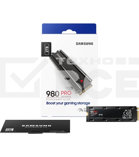 Накопитель SSD Samsung 980 PRO MZ-V8P2T0CW, 2Tb, PCIe 4.0 x4, M.2 2280, NVMe, R/W 7000/5100, с радиатором
