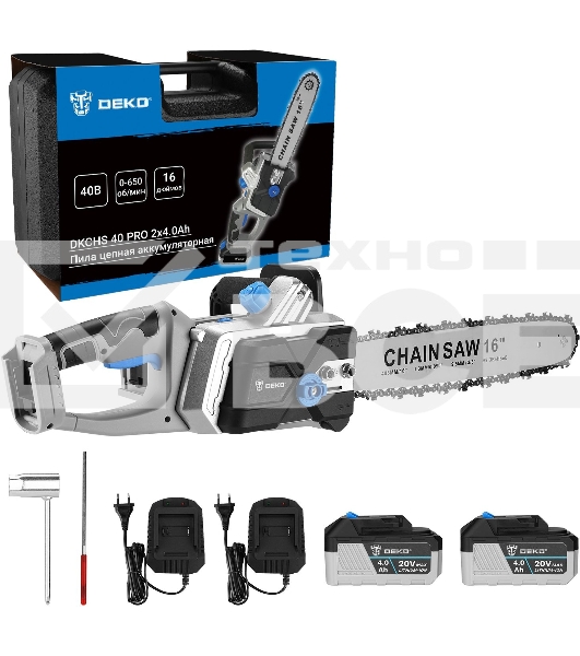 Пила цепная аккумуляторная в кейсе DEKO DKCHS 40 PRO [063-4357] { 2х20В, 2x4.0Ач, 2 з/у }