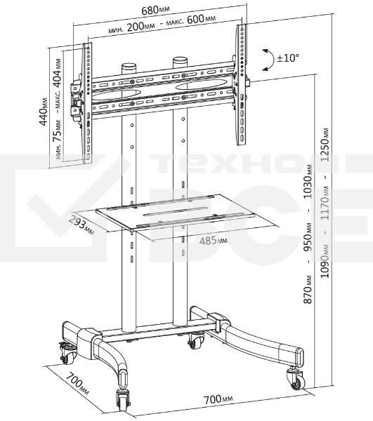 Стойка для телевизора Cactus CS-ST1030BK черный 37'-70' макс.50кг напольный мобильный