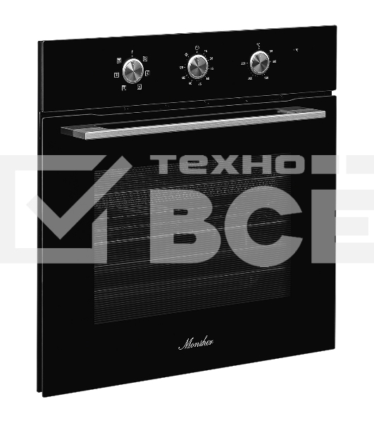 Духовой шкаф MONSHER MOE 6062 Noir, 5 режимов работы, объем духовки 58 л., утапливаемые переключатели, механический таймер, 2 стекла в дверце, энергоэффективность А, цвет: черный,фурнитура серебряная
