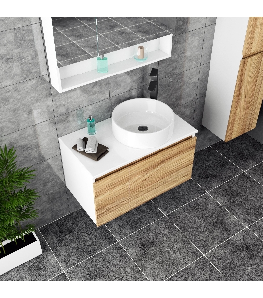 Комплект для ванной, 4 предмета (Тумба Bau Dream Blackwood 80, раковина BAU Dream круглая D41, смеситель для раковины высокий Hotel Black, черный, выпуск клик клак, черный)