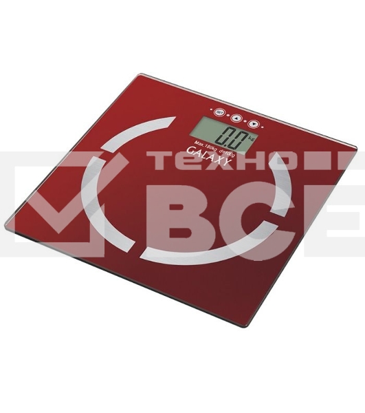 Весы многофункциональные Galaxy GL 4851, красный, электронные, эл. пит. «CR2032» в компл., макс вес 180 кг, сверхточ. элек. сенс. сист., ЖК-дисплей, авто. откл., индик. перег. и низ. зар., пам. изм. веса (10 чел.), опр. ур. жир., мышеч., кост. массы